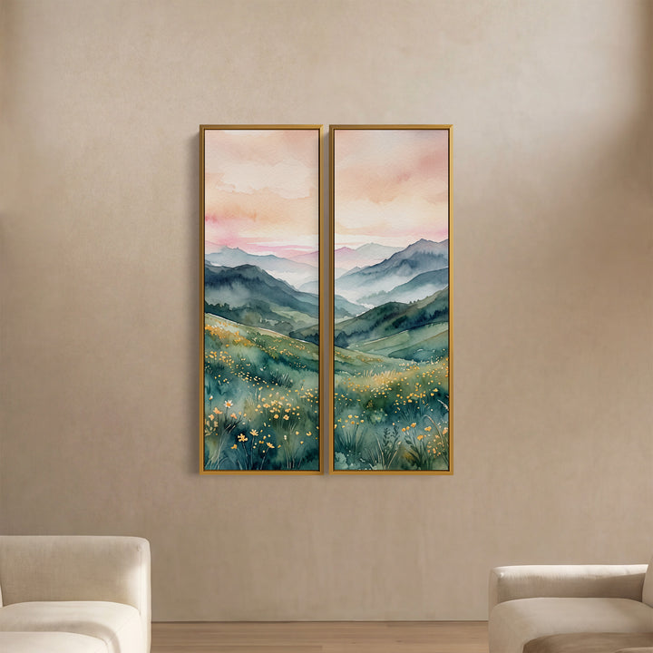 Vertikales Wandbild-Set aus 2 Teilen „Buttercup Hills“, Esszimmer, rosafarbener Abendhimmel