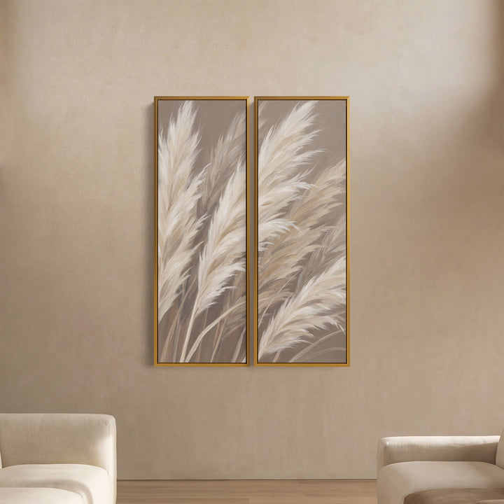 Wanddecoratieset van 2 pluimen van pampagras in crème, hal, bruine en grijze achtergrond