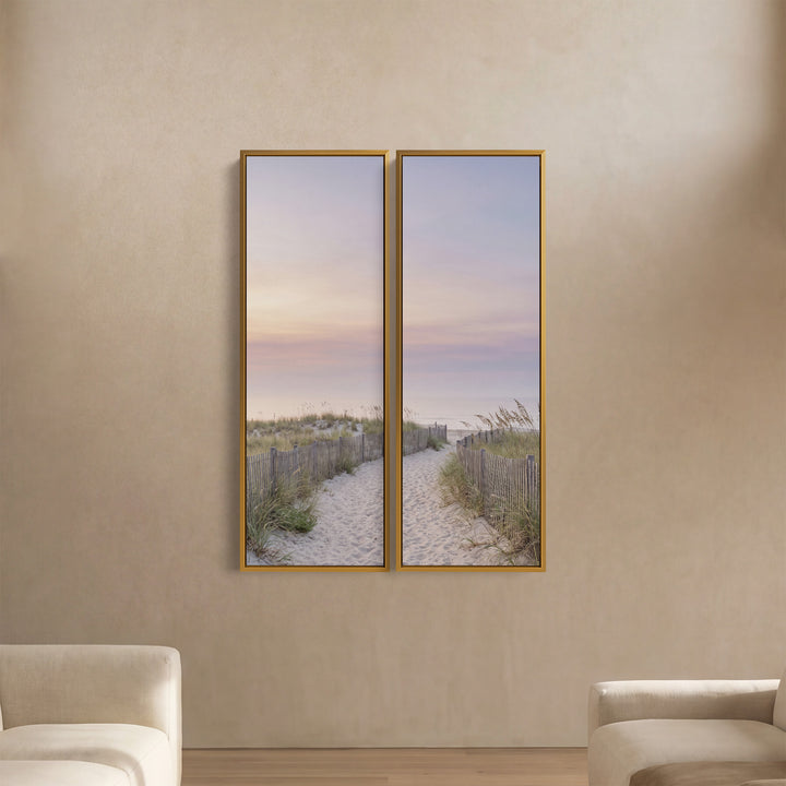 Diptychon-Wandbild mit Sandweg durch Dünenzäune, Schlafzimmer, Himmel bei Sonnenaufgang