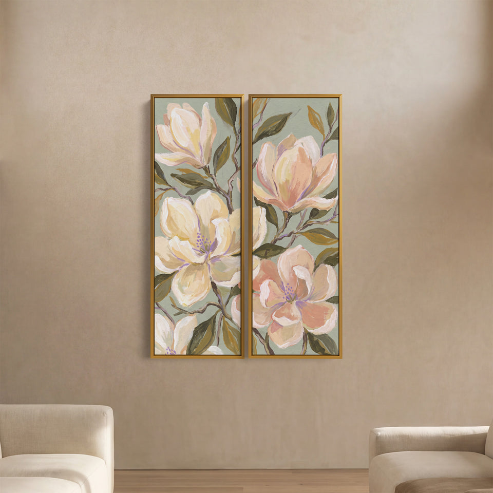 2-teiliges Wandbild mit Magnolienzweig und olivgrünen Blättern auf salbeigrünem Hintergrund