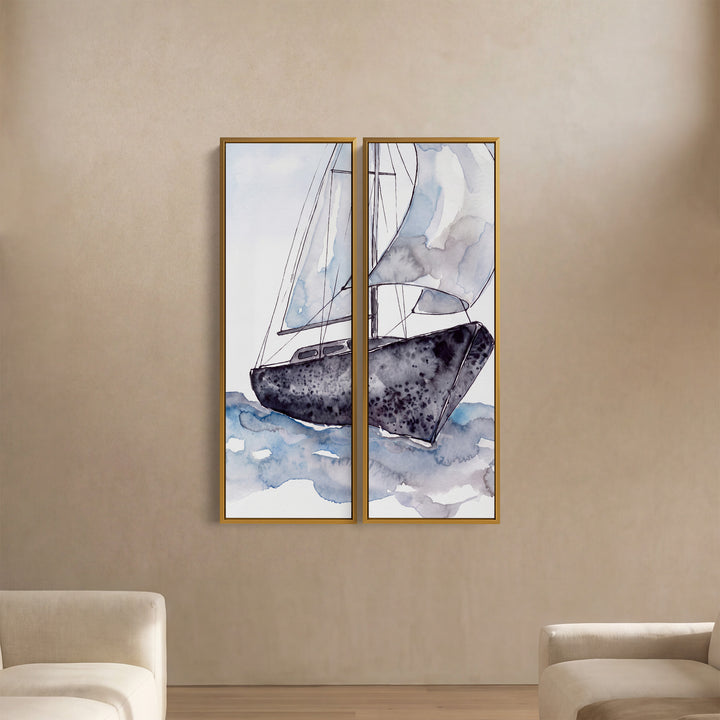 Hoge verticale wanddecoratie, set van 2, zeilboot die overhelt op blauw water, eetkamer