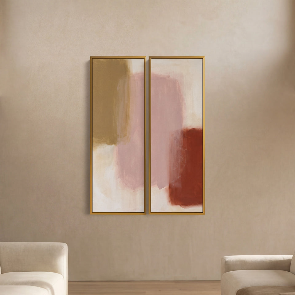 2-teiliges Wandbild mit roten, rosafarbenen und olivgrünen Streifen, Flurmotiv, abstrakte Farbstudie