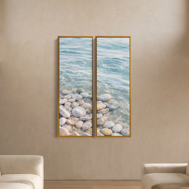 Water Over Pale Pebbles 2 Piece Vertical Wall Art Kitchen Clear Shoreline