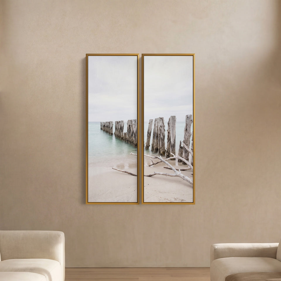 Set Of 2 Wall Art Weathered Groyne Posts Living Room Driftwood On Pale Sand