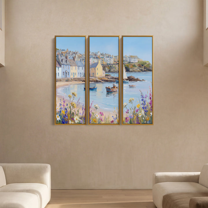 Coastal Harbour Village Triptych Wall Art for Living Room With Pastel Boats