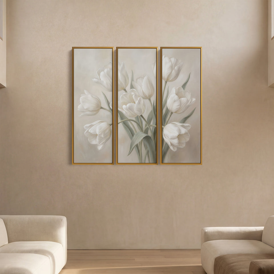 White Tulip Oversized Triptych Wall Art for Bedroom in Soft Neutral Tones