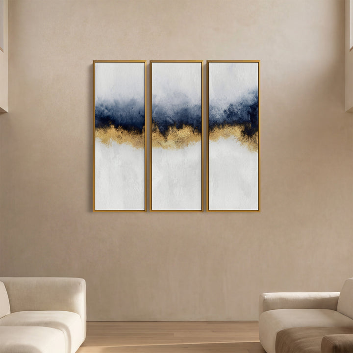 Blue And Gold Set of 3 Wall Art for Office With Abstract Horizontal Detail