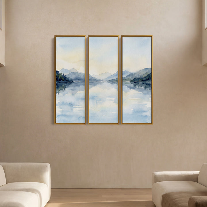 Misty Mountain Lake 3 Piece Wall Art Set for Hallway in Soft Blue Watercolor