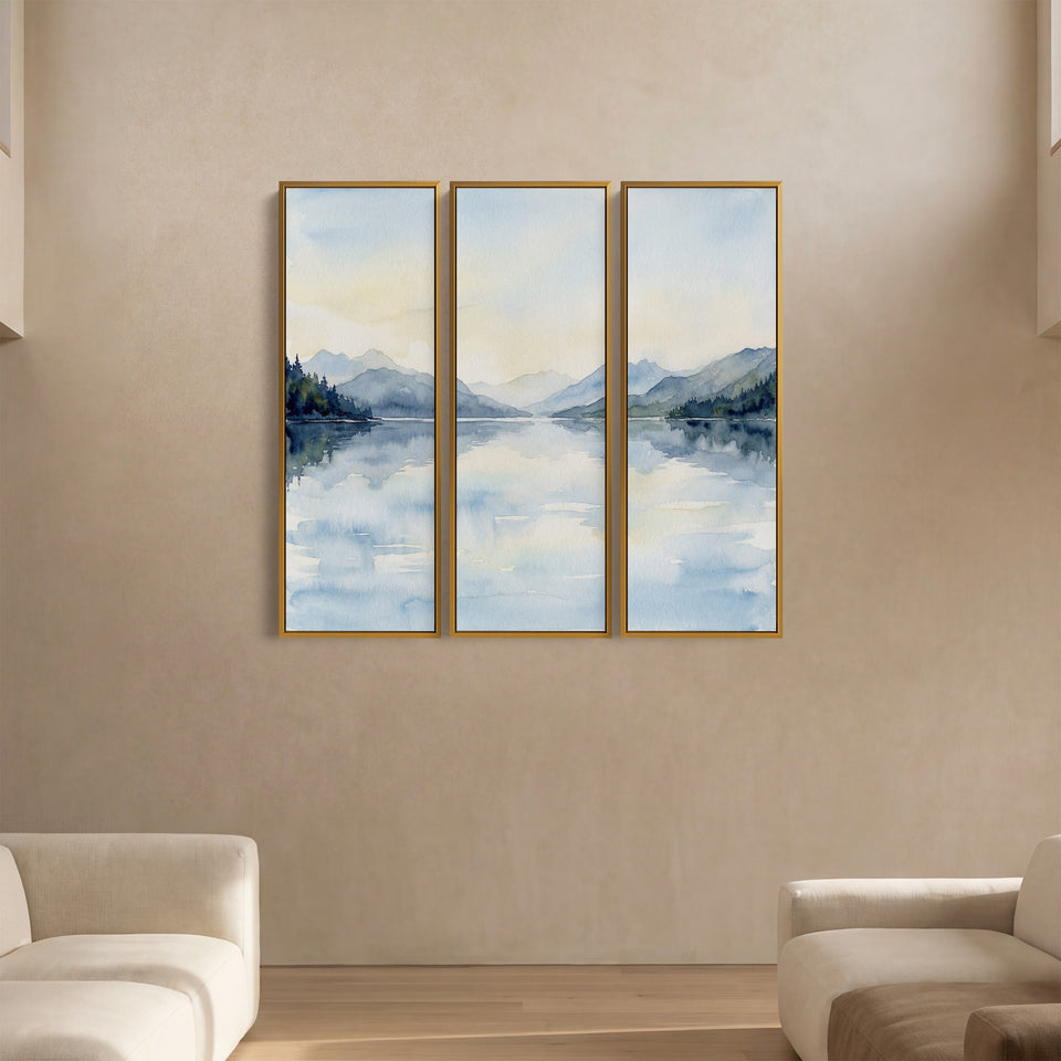 Misty Mountain Lake 3 Piece Wall Art Set for Hallway in Soft Blue Watercolor