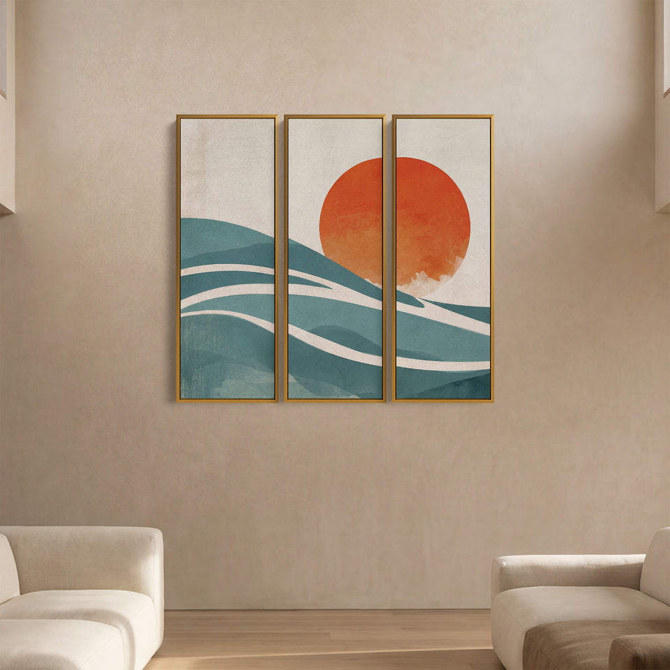 Abstract Sun Three Panel Wall Art for Dining Room With Orange And Blue Curves