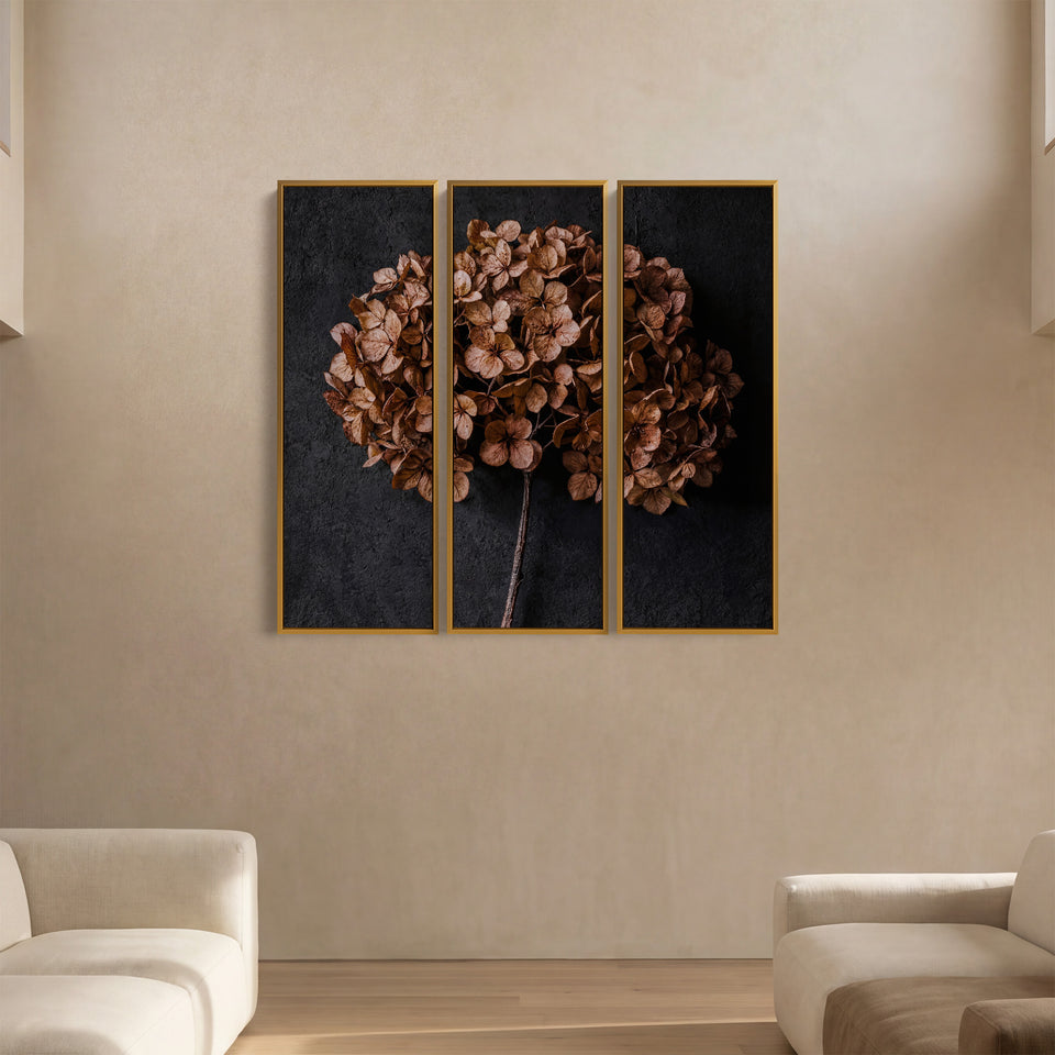 Dried Hydrangea Vertical Triptych Wall Art for Bedroom With Moody Floral Tones
