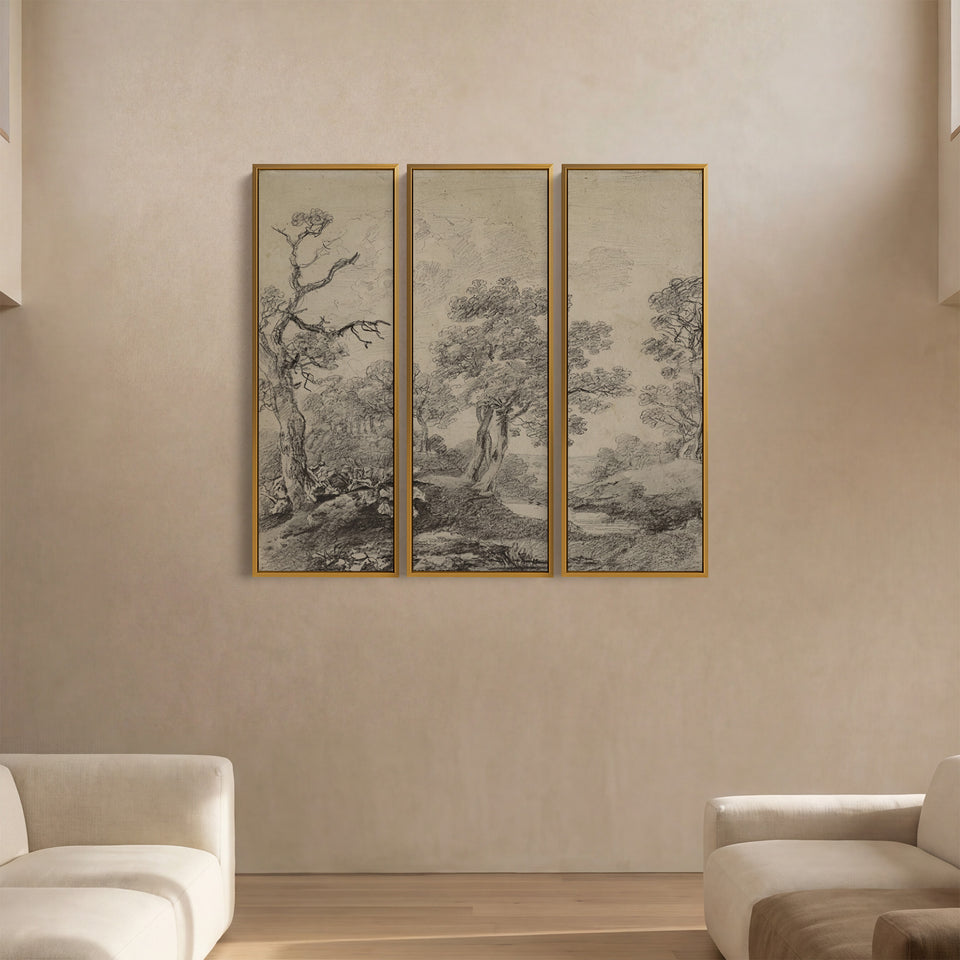 Vintage Countryside Large Triptych Wall Art for Office With Monochrome Trees