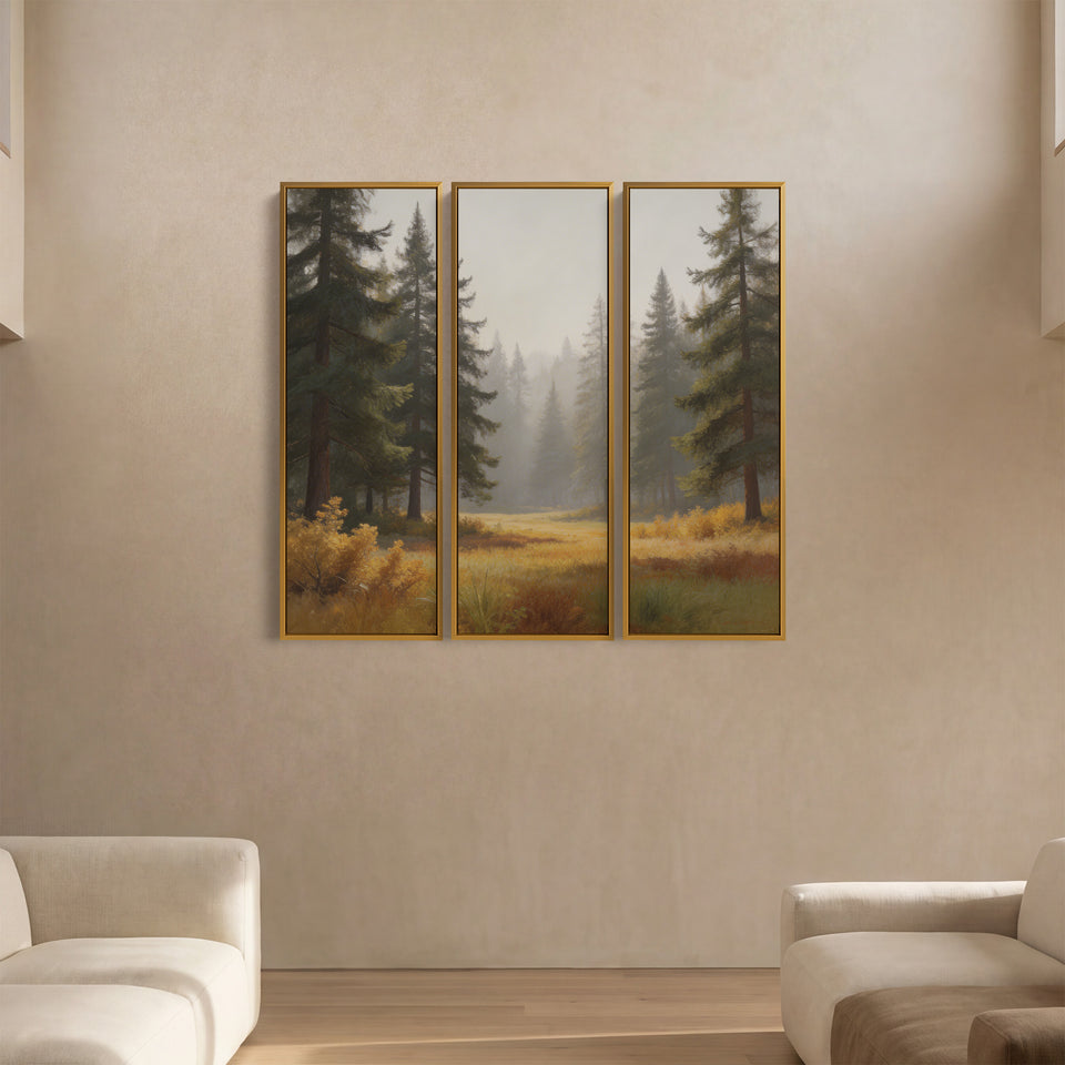 Misty Pine Forest Extra Large Wall Art Set for Bedroom With Woodland Scene