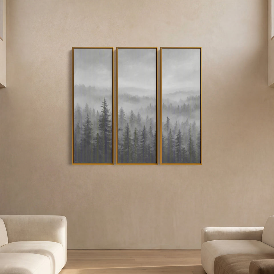 Triptych Wall Art Misty Pine Forest Landscape For Hallway Decor