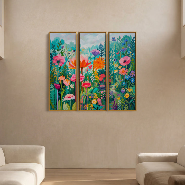Colourful Floral Garden Oversized Triptych Wall Art For Living Room