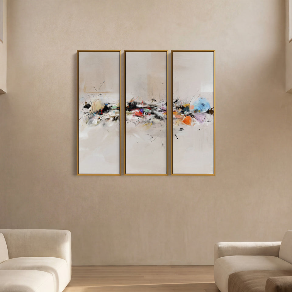 Three Panel Wall Art Abstract Brush Stroke Composition For Dining Room