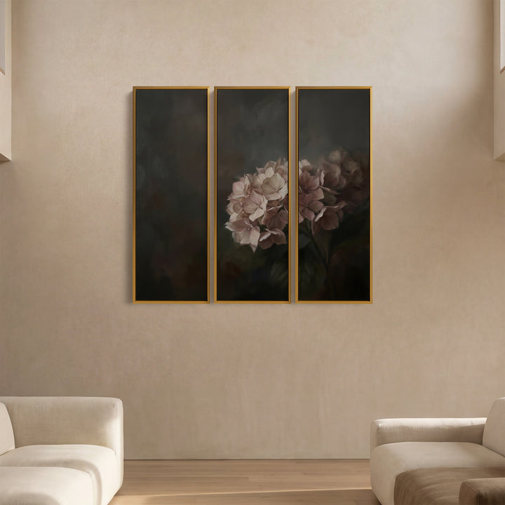 Moody Hydrangea Floral 3 Piece Wall Art Set For Dining Room
