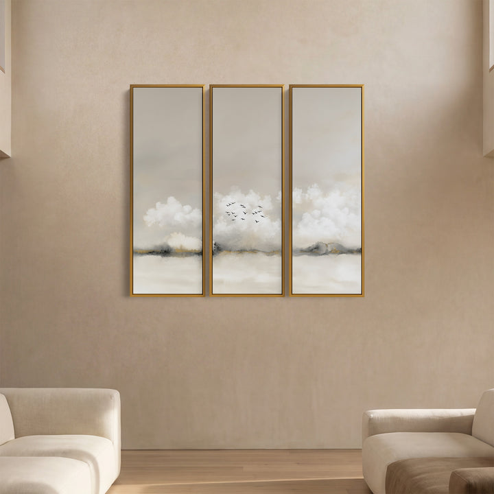 Misty Horizon Oversized Triptych Wall Art With Birds for Bedroom