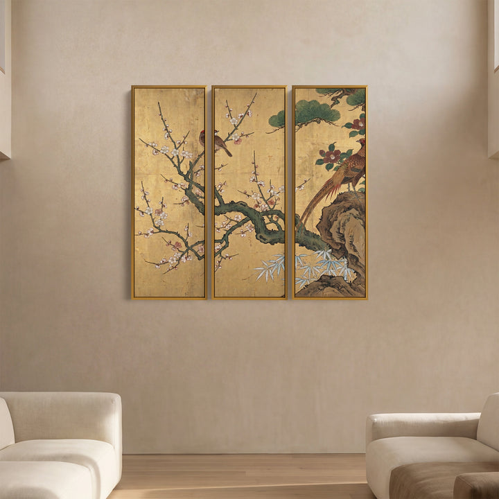 Japanese Oversized Canvas Wall Art Set Birds and Blossom for Dining Room