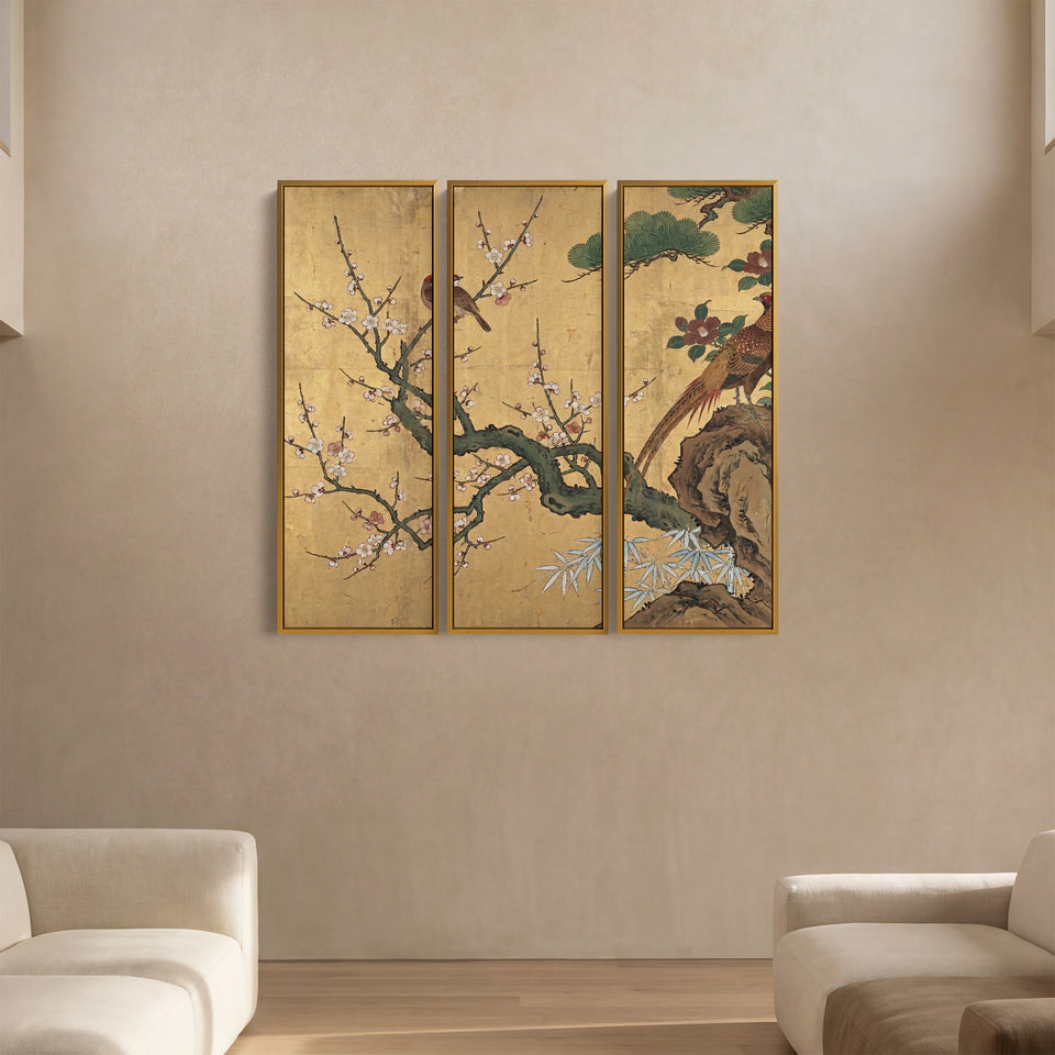 Japanese Oversized Canvas Wall Art Set Birds and Blossom for Dining Room