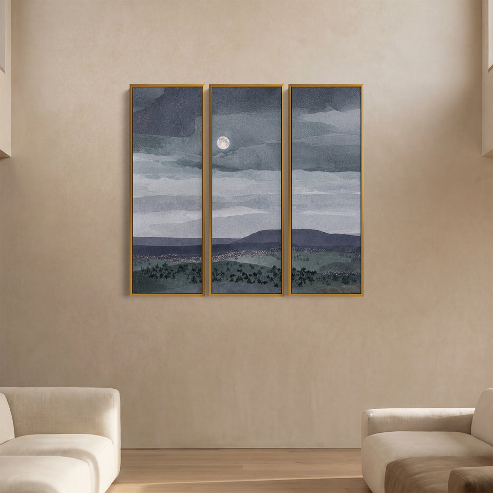 Oversized Triptych Wall Art Moonlit Landscape for Living Room