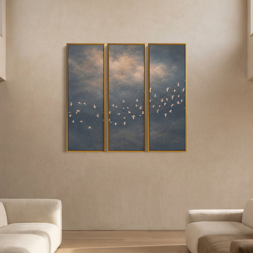 3 Piece Wall Art Set White Birds in Sky for Office