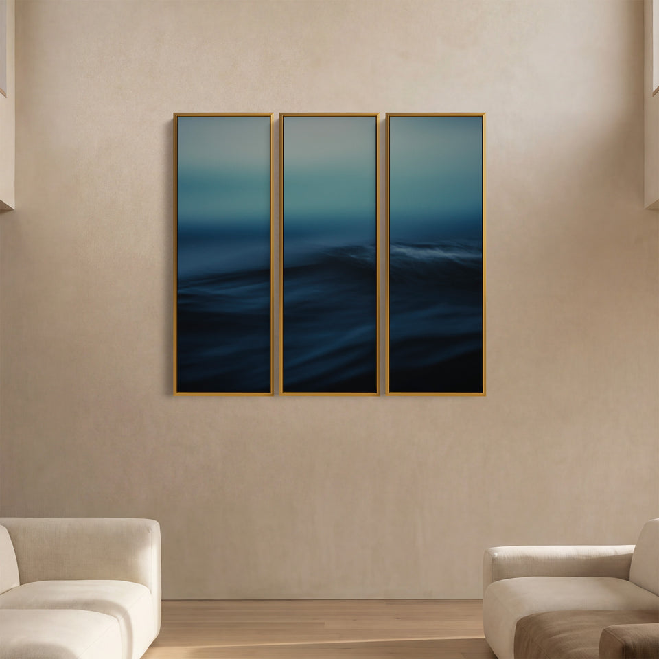 Triptych Wall Art With Blurred Ocean Wave For Bedroom Calm Blue Black Sea