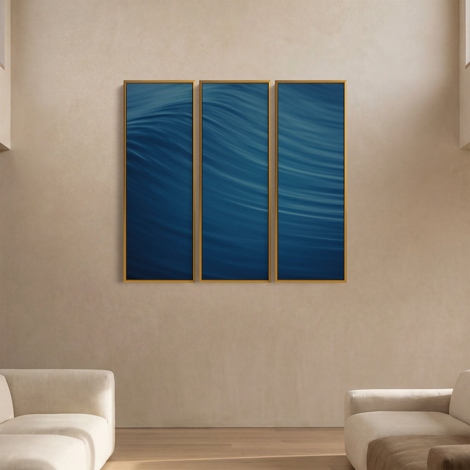 Flowing Blue Abstract Wave Oversized Triptych Wall Art For Hallway