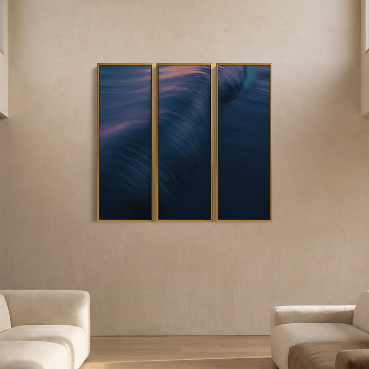 Set Of 3 Wall Art With Rolling Ocean Wave For Living Room In Blue Pink