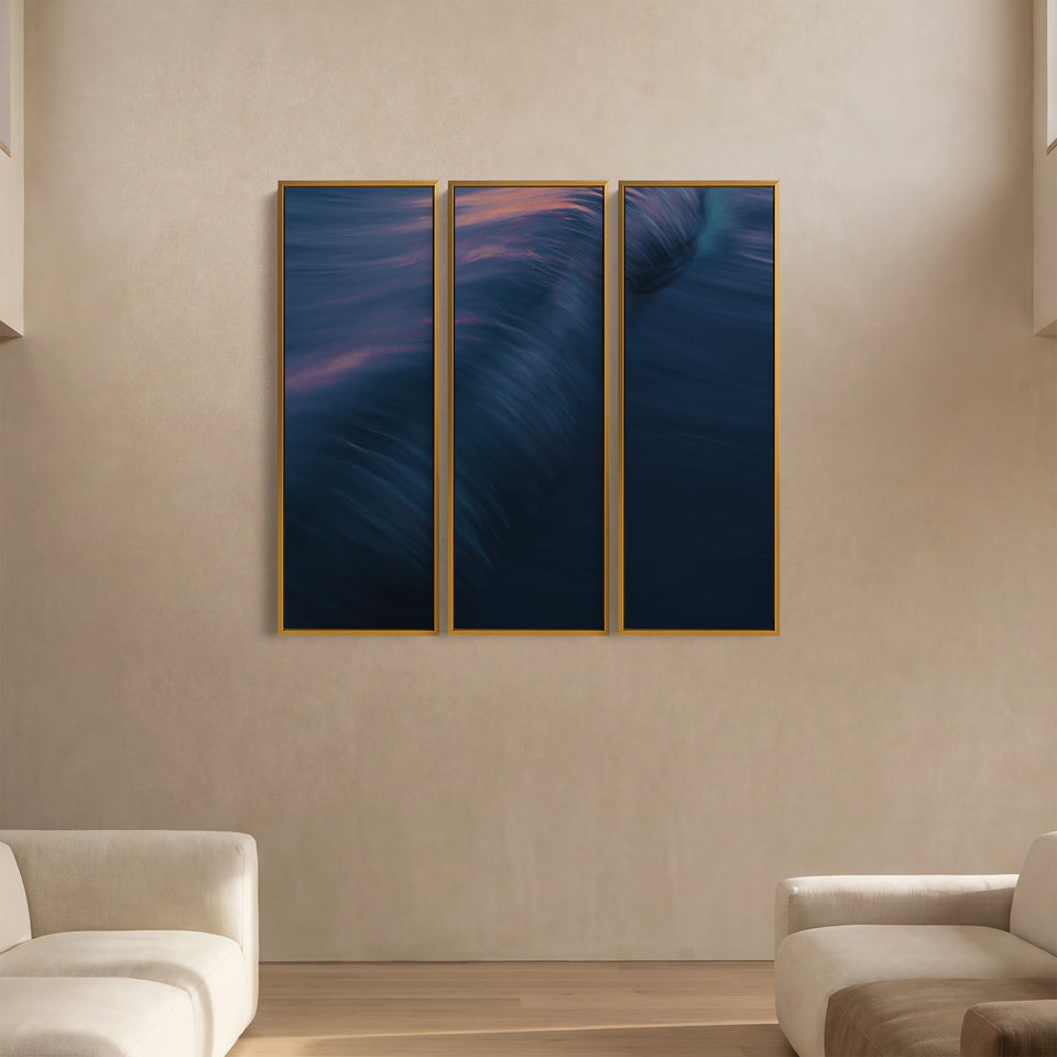 Set Of 3 Wall Art With Rolling Ocean Wave For Living Room In Blue Pink