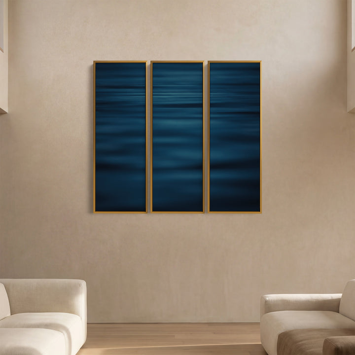Three Panel Wall Art With Blurred Calm Sea For Office In Deep Blue