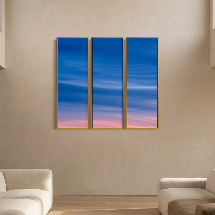 Soft Blue Pink Sky Vertical Triptych Wall Art For Bedroom