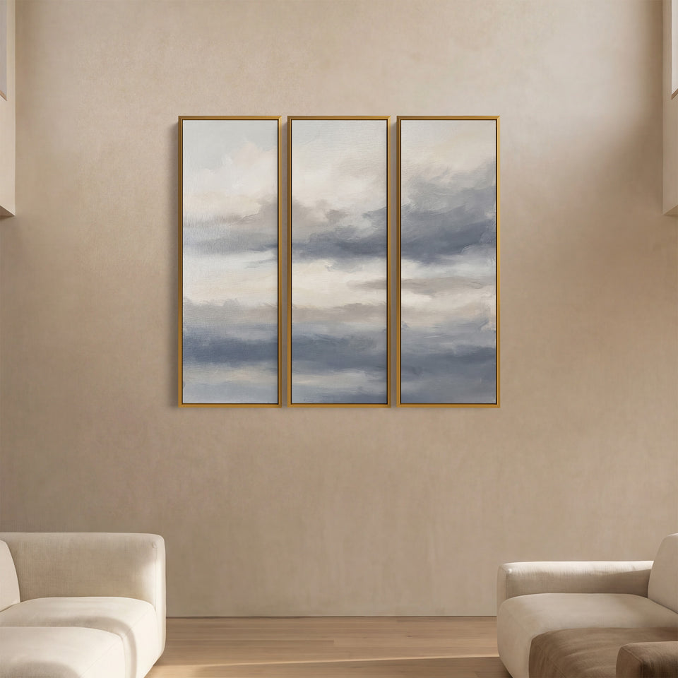 Grey Sky Oversized Triptych Wall Art For Bedroom With Soft Clouds