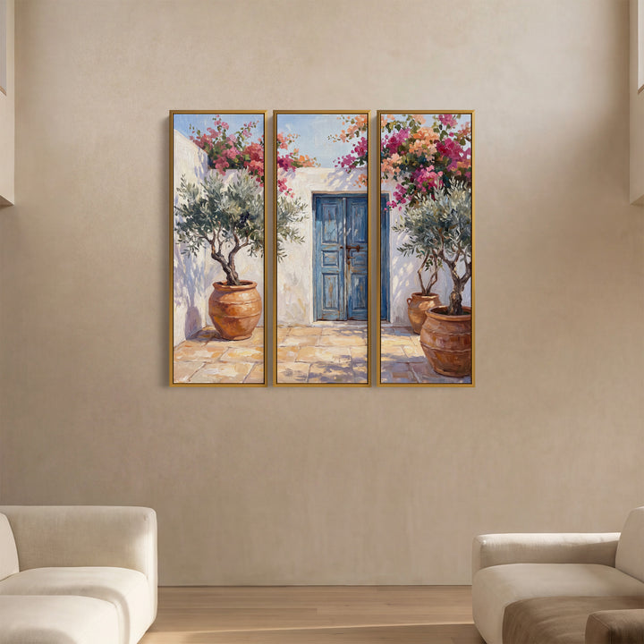 Set Of 3 Wall Art With Blue Doors And Olive Trees For Hallway