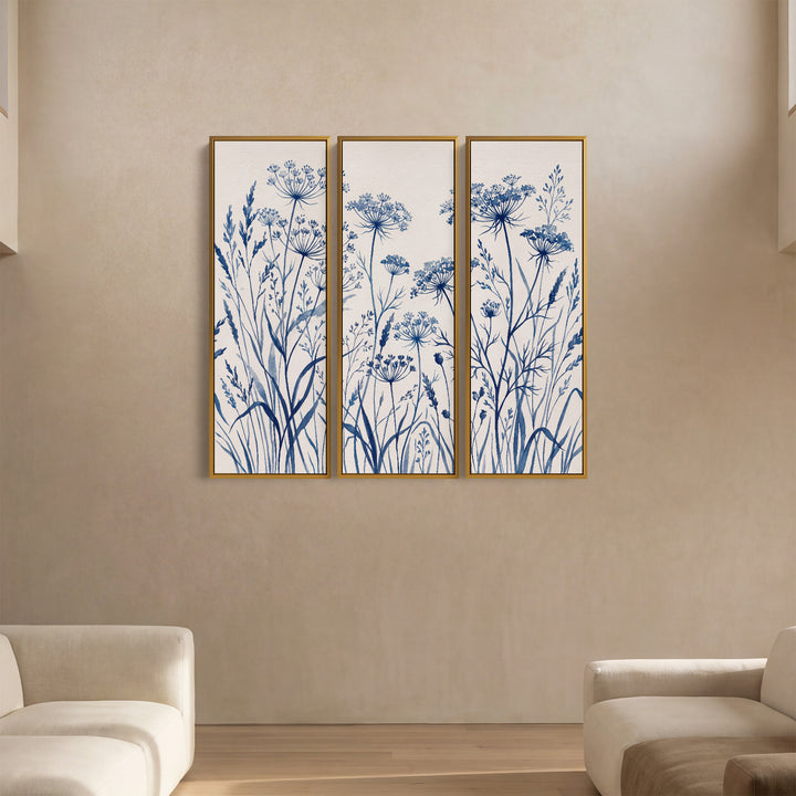 3 Piece Wall Art Set With Blue Wildflowers For Dining Room