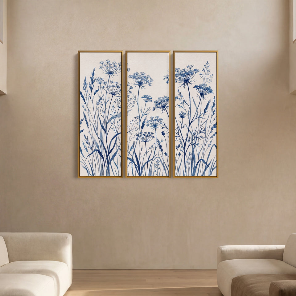 3 Piece Wall Art Set With Blue Wildflowers For Dining Room