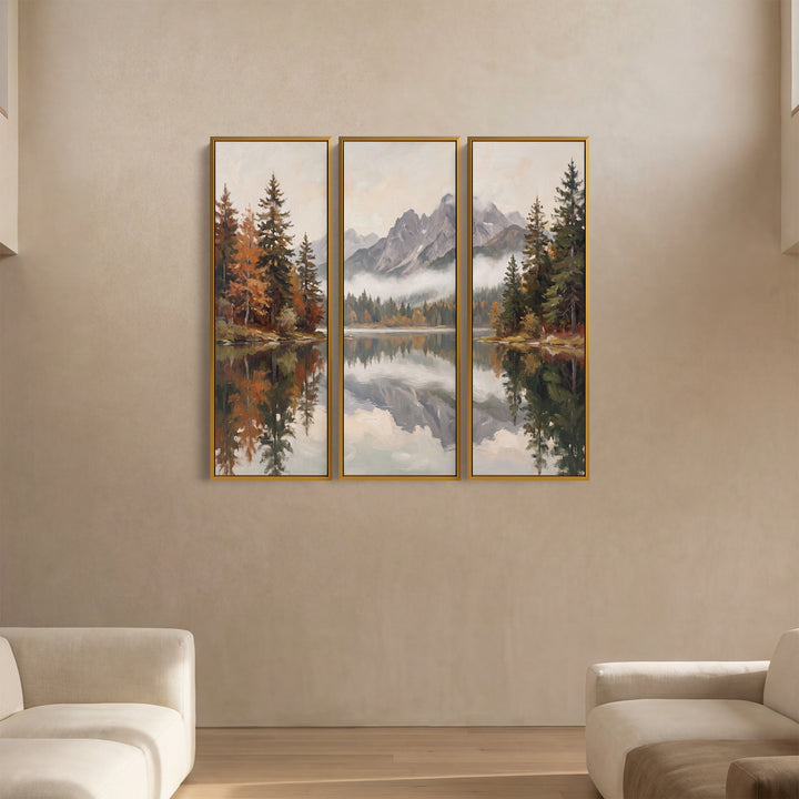 Set Of 3 Wall Art Autumn Lake Reflecting Grey Peaks For A Living Room