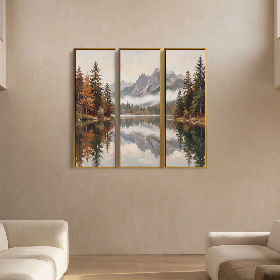 Set Of 3 Wall Art Autumn Lake Reflecting Grey Peaks For A Living Room