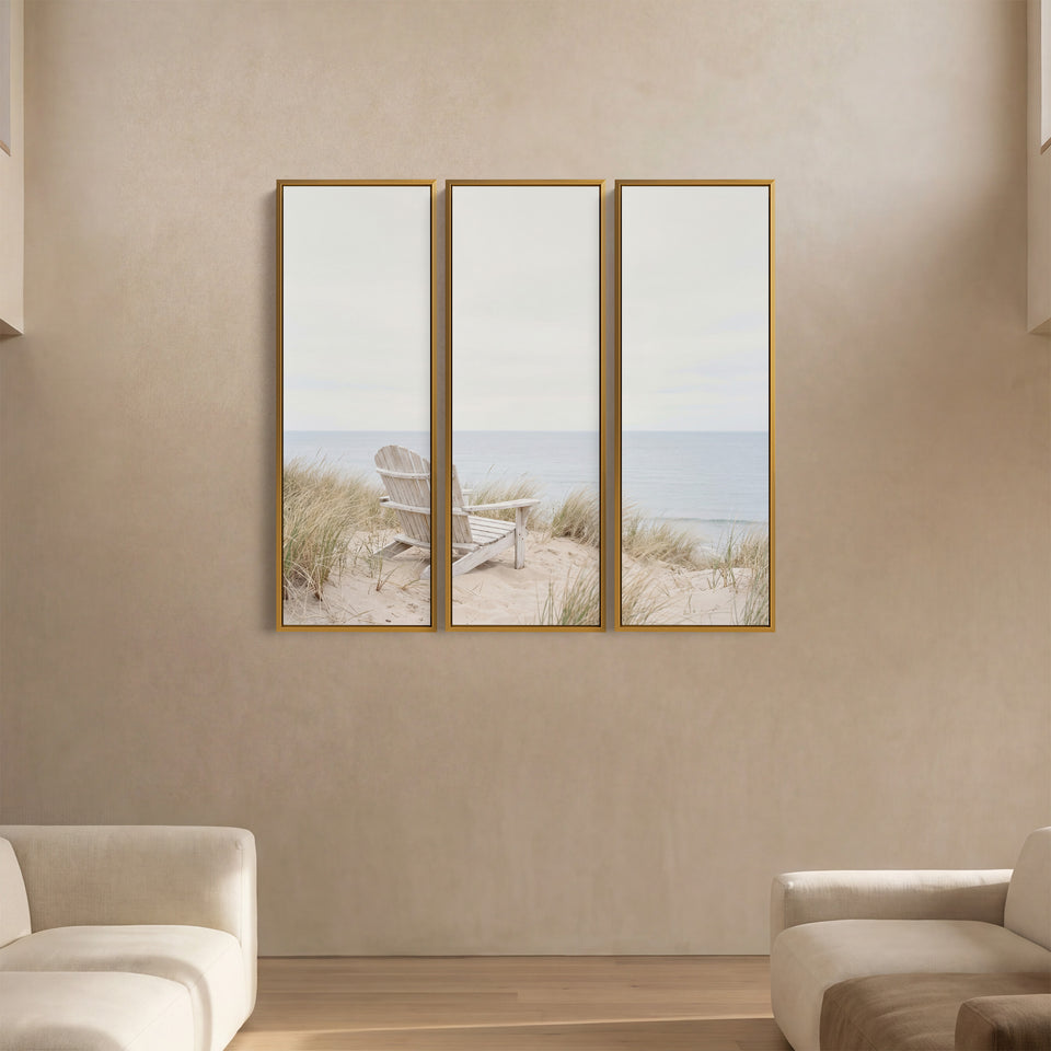 Empty Deck Chair Facing The Sea Triptych Wall Art Bedroom Coastal Scene