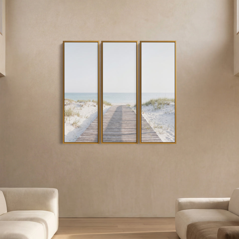 3-teiliges vertikales Wandbild für den Flur mit einem Steg, der zum Meer führt