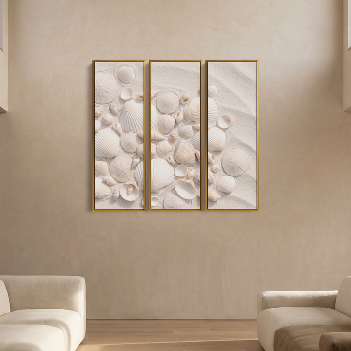 Bedroom Vertical Triptych Wall Art With Scallop Shells And Sand Dollars