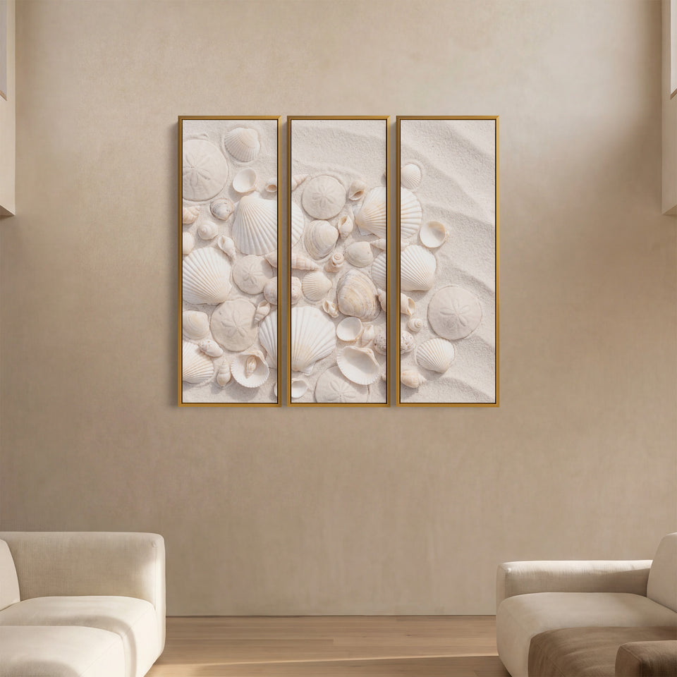 Bedroom Vertical Triptych Wall Art With Scallop Shells And Sand Dollars