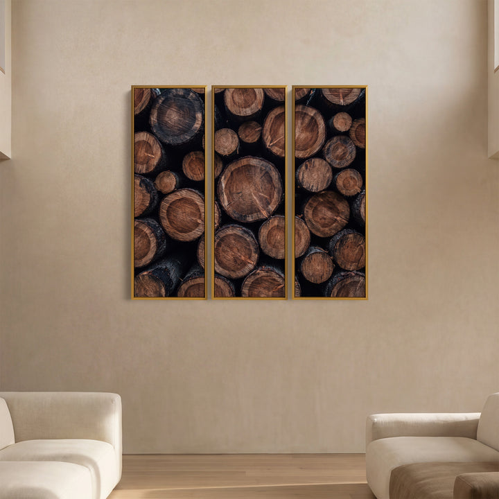 Stacked Log Ends Triptych Wall Art In Brown And Black For A Living Room