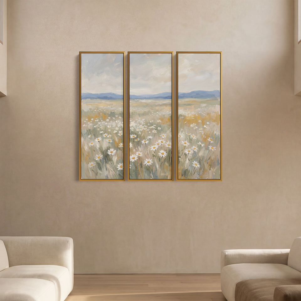 Set van 3 wanddecoraties met een madeliefjesveld onder verre blauwe heuvels voor de keuken