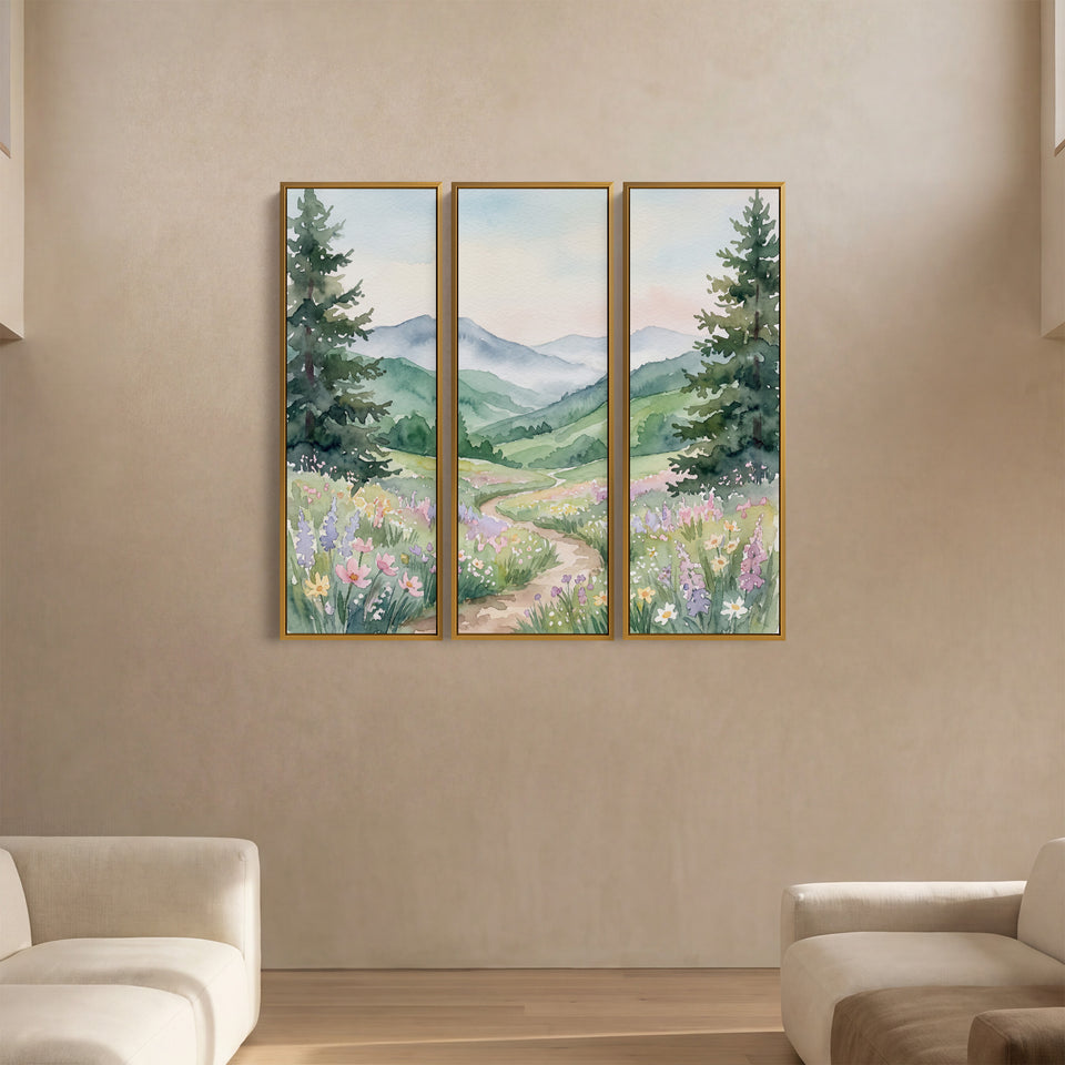 Wanddecoratieset van 3 voor de hal met een pad dat kronkelt door een bloemenvallei