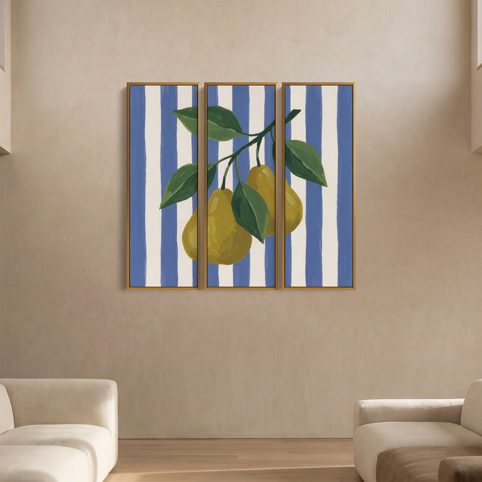 Keukenwanddecoratie, set van 3, met gele peren op blauwe en witte strepen