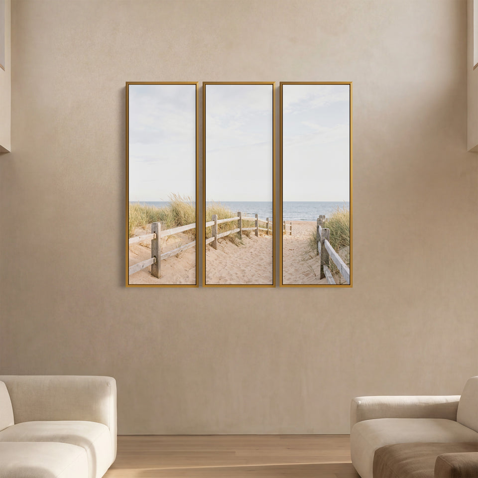 Set Of 3 Wall Art With A Fence Line Leading Down To The Sea For A Hallway