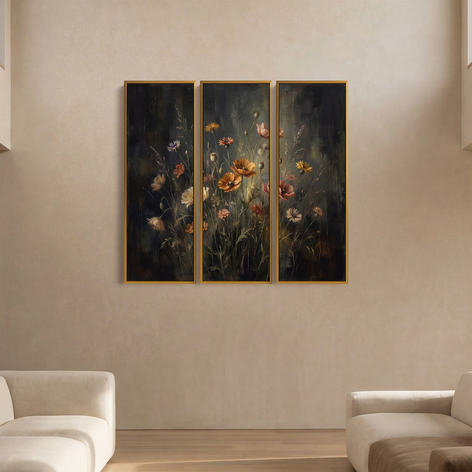 Poppies And Cornflowers On Black Set Of 3 Wall Art For A Dining Room