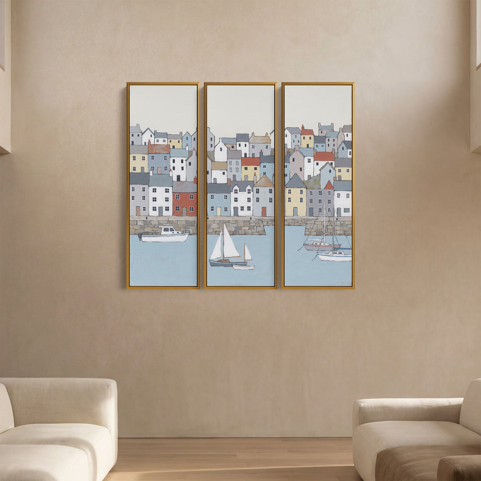 Havenhuisjes boven een zeewering, 3-delige verticale wandkunst voor de keuken