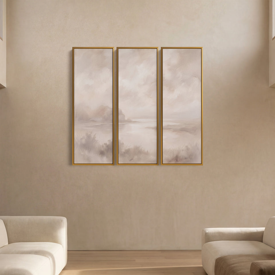 Slaapkamerwandkunstset van 3 met een bleke riviermonding en één lage landtong in beige
